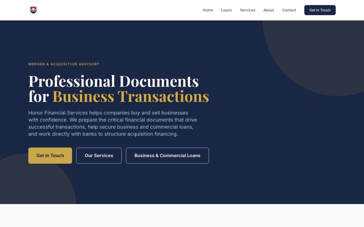Honor Financial Services website homepage