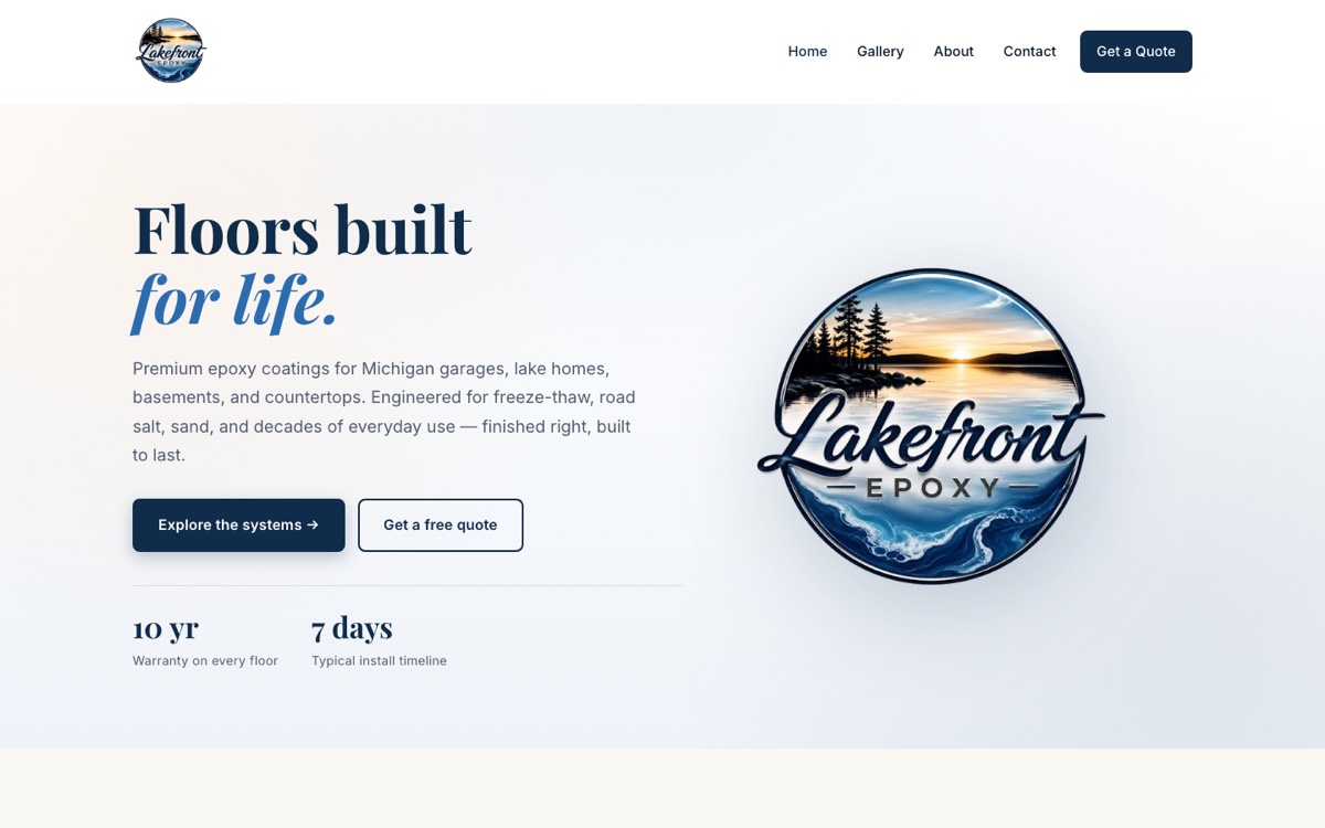Lakefront Epoxy website homepage