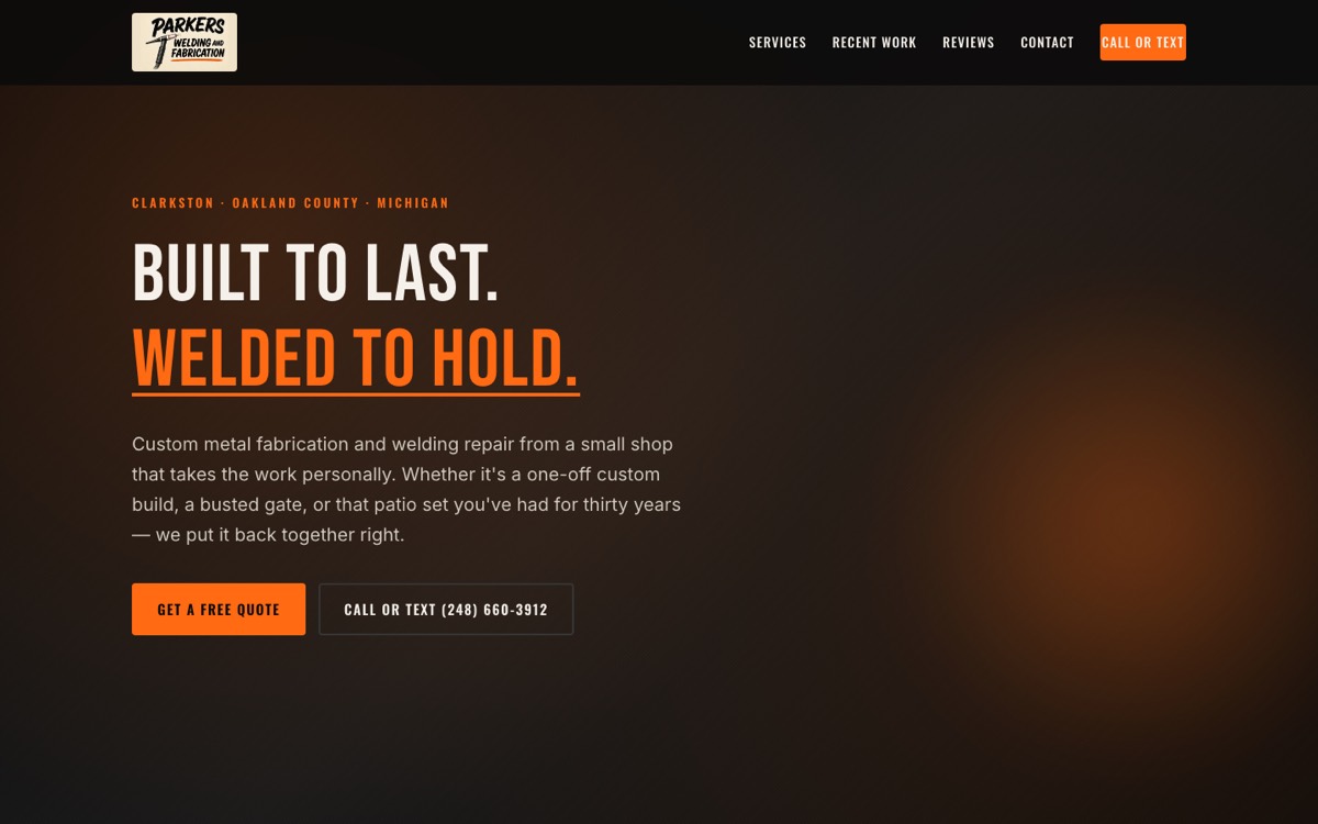 Parker Welding & Fabrication website homepage